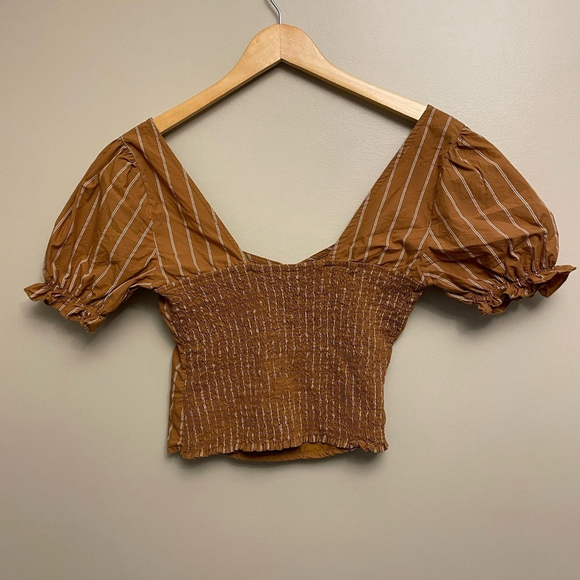 Free People Rose Garden Crop Top Medium Mustard Striped Smocked - Picture 4 of 7